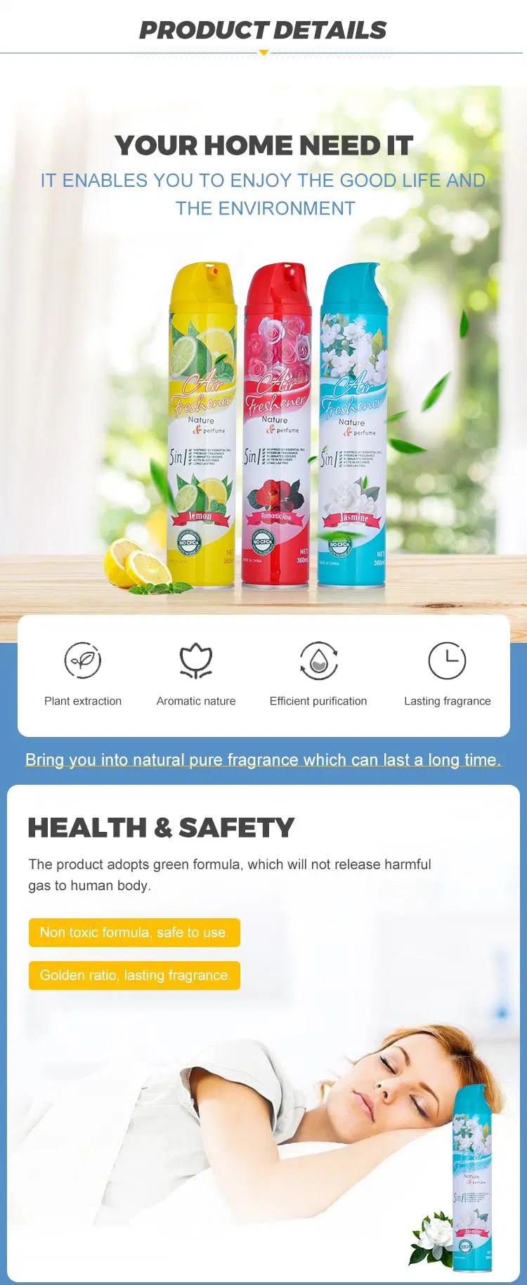 Manufacturer Eco-Friendly Healthy Home Aerosol Spray Air Freshener Spray